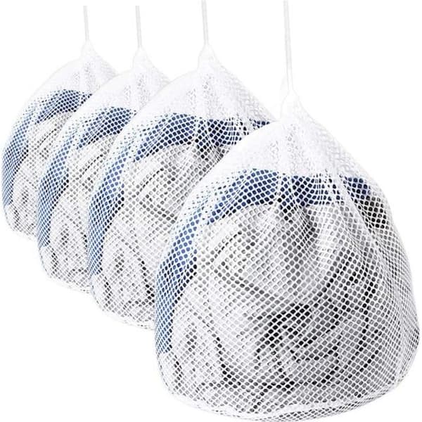 Säck för tvätt med snöre 4 storlekar Vit tvättpåse i nät för tvättmaskin, bh, kläder för baby, 4 st