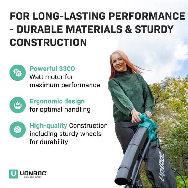 VONROC Lövblås 3300W | 3-in-1 - Blås – sug – strimla