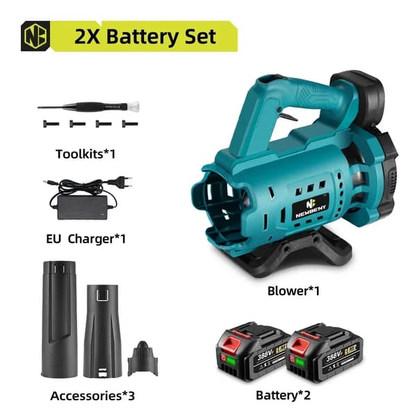 Trådløs elektrisk luftblæser, 18V batteridrevet, 18500 omdr./min uden belastning,EU, 2x388vf Batteri Sæt