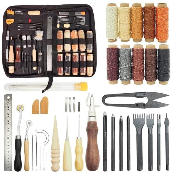Lollanda Leather Tools 40-osainen, nahkainen askartelusarja, nahkatyökalusarja / käsityökalut nahalle – vahalanka, naskali, tee-se-itse, ompelu