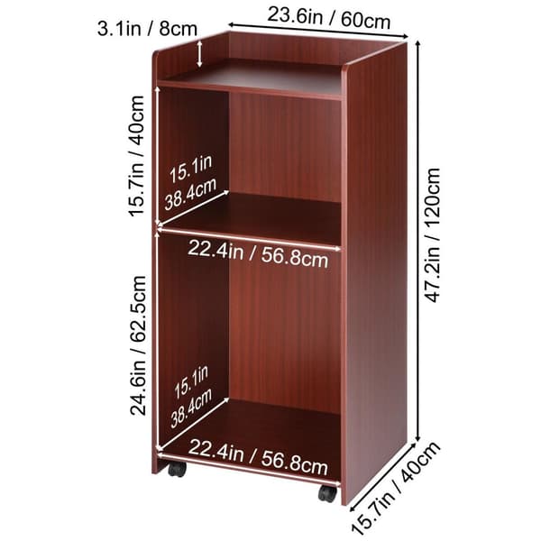 60x40x120cm multifunktionell träpodium med 4 hjul, hållbar, ergonomisk design, stor förvaringsyta, lätt att montera