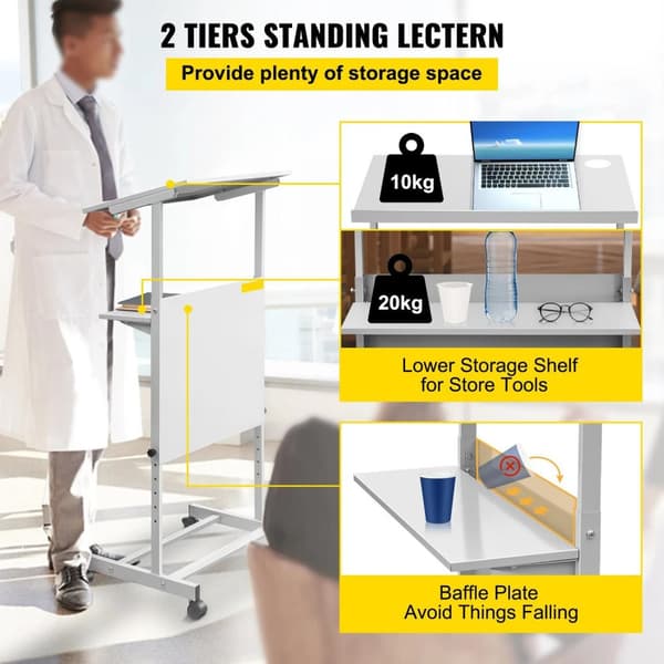 bärbar stående podium med 4 rullande hjul, 2-lagers design, 103-135 cm justerbar höjd, allmänt användbar