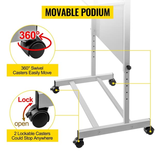 bärbar stående podium med 4 rullande hjul, 2-lagers design, 103-135 cm justerbar höjd, allmänt användbar