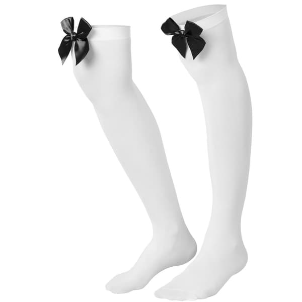 Overknee-strumpor med svart rosett - vit