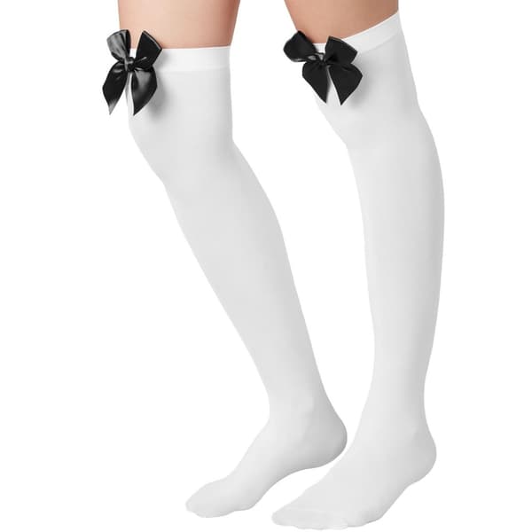 Overknee-strumpor med svart rosett - vit
