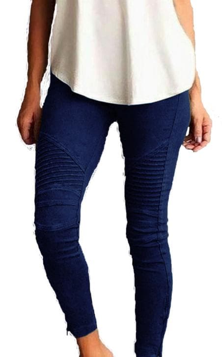 Sköna Navy Blå Stretchiga byxor med fickor och mönstrade ben Marinblå XS