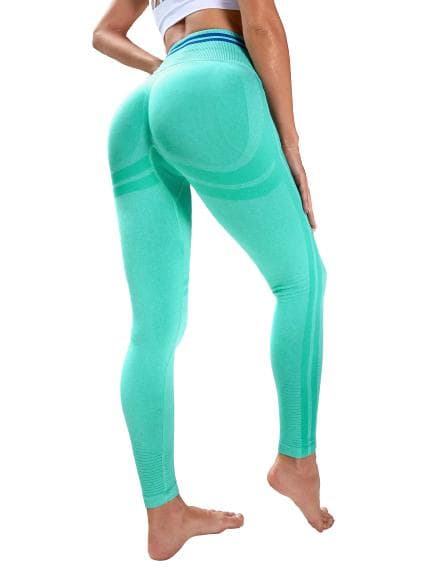 Seamless Sport Yoga Gröna Leggings med blå ränder