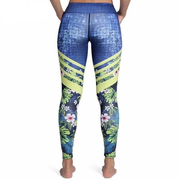 Blå Yoga Leggings med Löv och Blommor Small