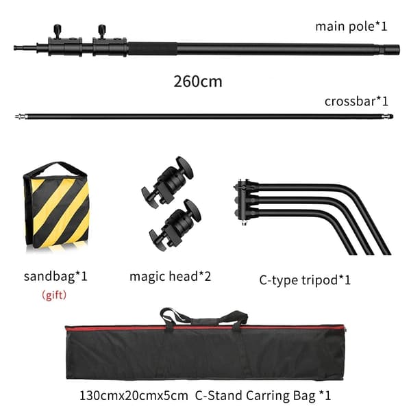 Fotografi C Stativ, Justerbar Højde 260 cm, 107 cm Boom Arm,2.6m Sort taske