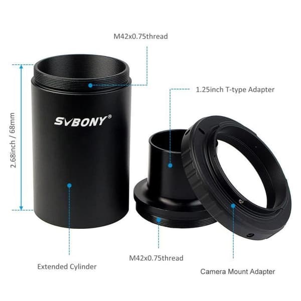 Svbony 1,25 M42 Ring T2-monteringsadapter för DSLR/SLR+förlängningsrör+okularadapter för teleskop/DSLR-kamera