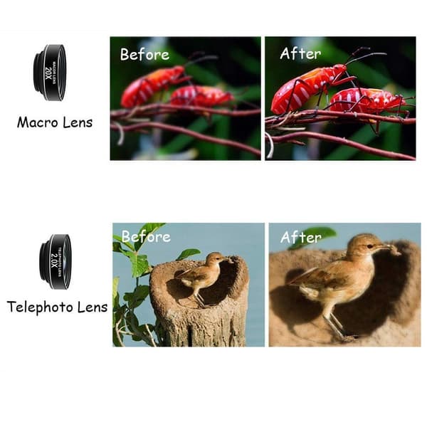 Mobiililinssi 4-in-1-kalansilmä + laajakulma + tele + makro