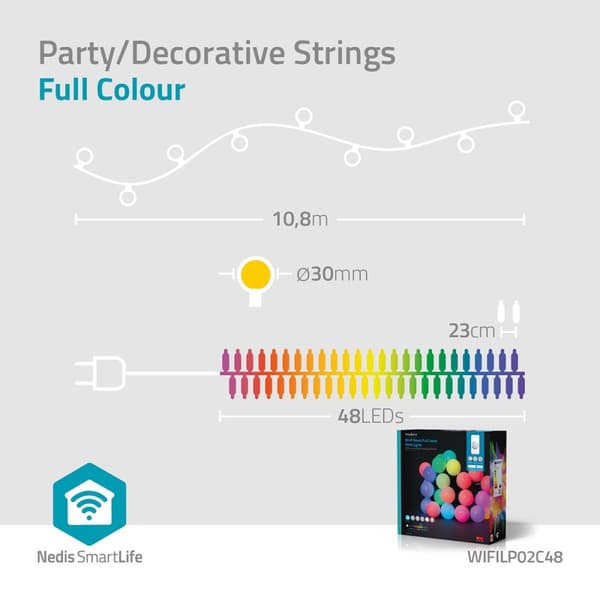 SmartLife Julelys | Party Lights | Wi-Fi | RGB | 48 LED's | 10.8 m | Android™ / IOS | Pære diameter: 30 mm