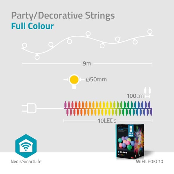 SmartLife Julbelysning | Festljus | Wi-Fi | RGB | 10 LED's | 9.00 m | Android™ / IOS | Glödlampediameter: 50 mm