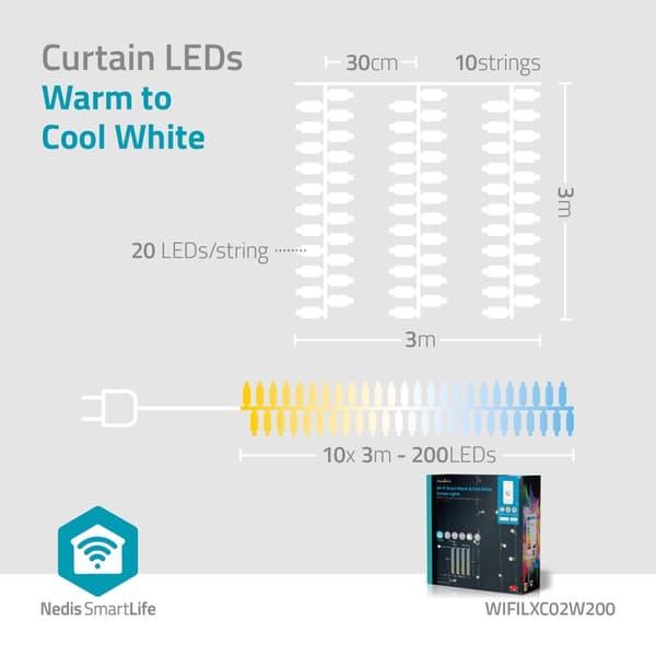 SmartLife Julelys | Gardin | Wi-Fi | Varm til avkjølt hvitt | 200 LED's | 3 m | Android™ / IOS