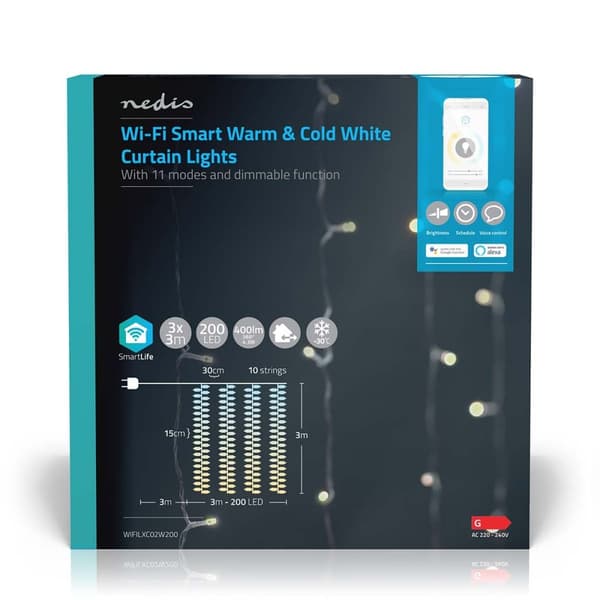 SmartLife Julelys | Gardin | Wi-Fi | Varm til avkjølt hvitt | 200 LED's | 3 m | Android™ / IOS