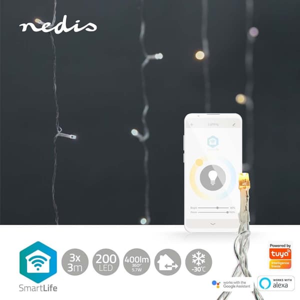 SmartLife Julelys | Gardin | Wi-Fi | Varm til avkjølt hvitt | 200 LED's | 3 m | Android™ / IOS
