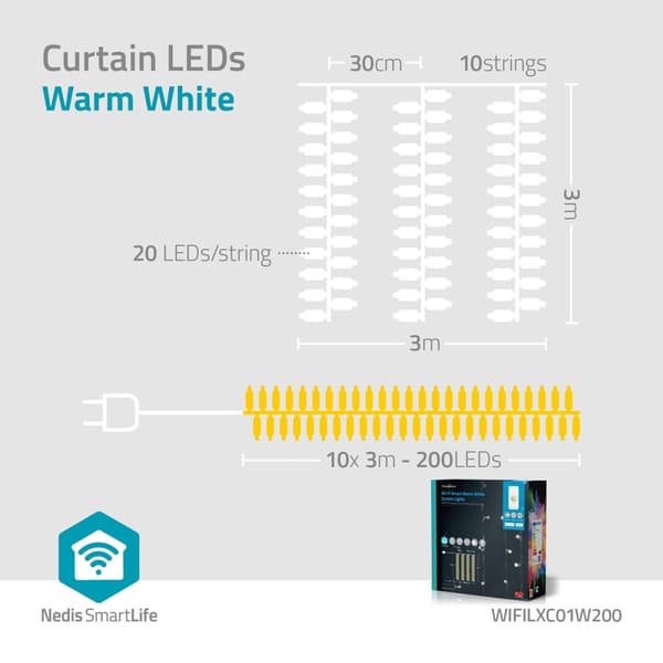SmartLife Julbelysning | Ridå | Wi-Fi | Varm Vit | 200 LED's | 3.00 m | Android™ / IOS