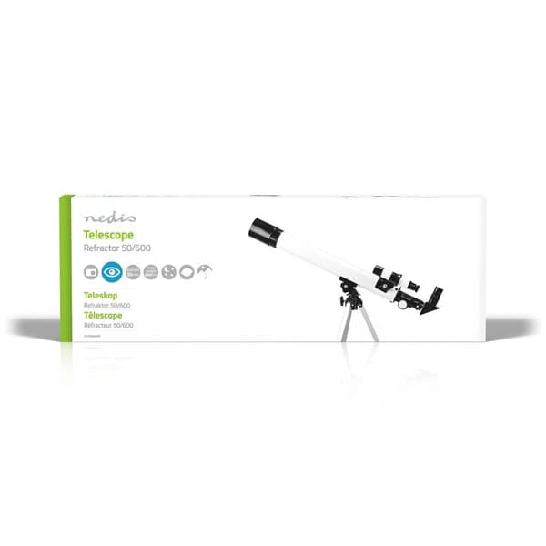 Teleskop | Blenderåpning: 50 mm | Brennvidde: 600 mm | Finderscope: 5 x 24 | Maksimal arbeidshøyde: 125 cm | Tripod | Hvit / Sort