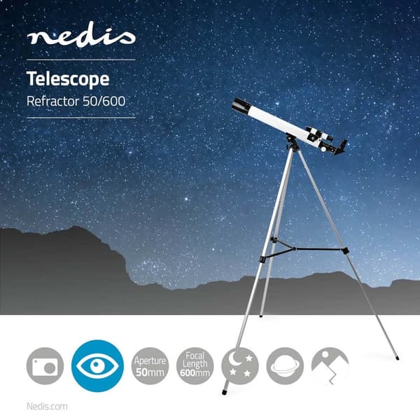 Teleskop | Blenderåpning: 50 mm | Brennvidde: 600 mm | Finderscope: 5 x 24 | Maksimal arbeidshøyde: 125 cm | Tripod | Hvit / Sort