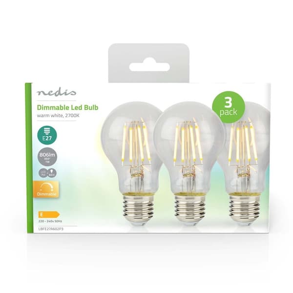 LED glødepære E27 | A60 | 7 W | 806 lm | 2700 K | Dimbar | Varm Hvid | Retro stil | 3 stk.