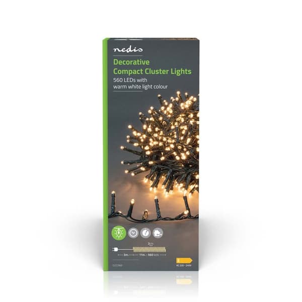 Julebelysning | Kompakt klynge | 560 LED's | Varm Hvid | 11.2 m | Lyseffekter: 7 | Indendørs eller udendørs | Strømforsyning