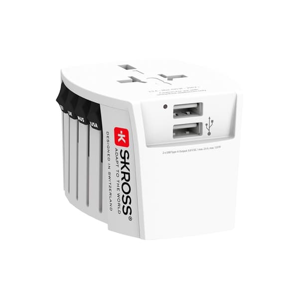 MUV USB (2xA) Kompakt 2-polet verdensrejseadapter med 2 integrerede USB-porte Hvid