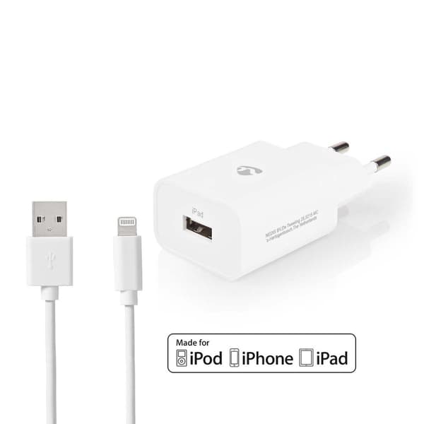 Vægoplader | 12 W | Hurtigopladningsfunktion | 1x 2.4 A A | Antal output: 1 | USB-A | Lightning 8-Pin (Loose) kabel | 1.00 m | Single Voltage Output Hvid