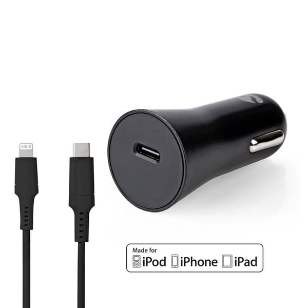 Biloplader | 20 W | 1.67 / 2.22 / 3.0 A | Antal output: 1 | Porttype: USB-C™ | Lightning 8-Pin (Loose) kabel | 1.0 m | Automatisk Valgt Spænding Sort