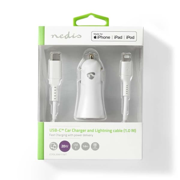 Billaddare | 20 W | 1.67 / 2.22 / 3.0 A | Antal utgångar: 1 | Port typ: USB-C™ | Lightning 8-Pin (Lös) Kabel | 1.0 m | Automatiskt val av Spänning