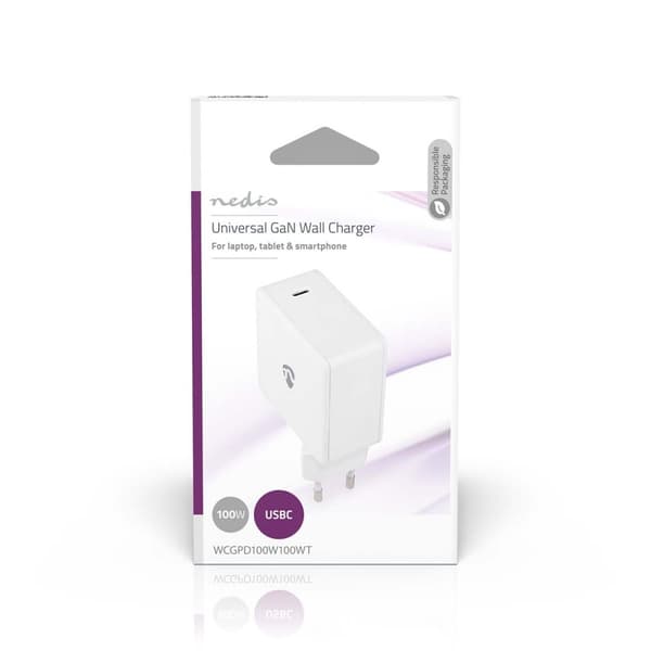 Vægoplader | 100 W | GaN | Hurtigopladningsfunktion | 3.0 / 5.0 A | Antal output: 1 | USB-C™ | Automatisk Valgt Spænding