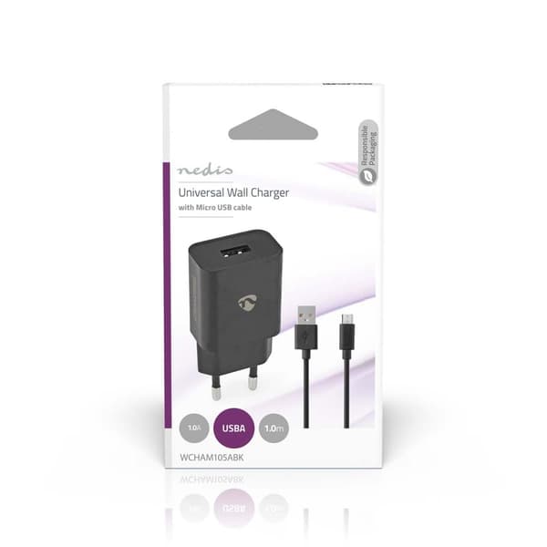 Väggladdare | 5 W | Snabbladdnings funktion | 1.0 A A | Antal utgångar: 1 | USB-A | Micro USB (Lös) Kabel | 1.00 m | Single Voltage Output