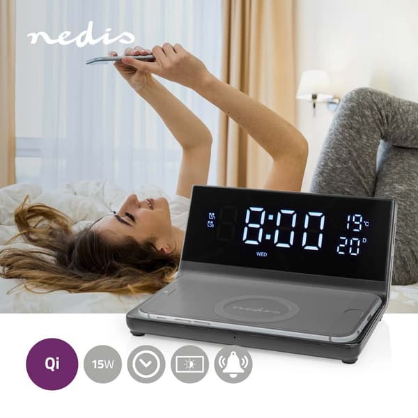 Alarm clock wireless charger | Qi sertifisert | 5 / 7.5 / 10 / 15 W | USB-A Han | 2 Alarmtider | slumrefunksjon