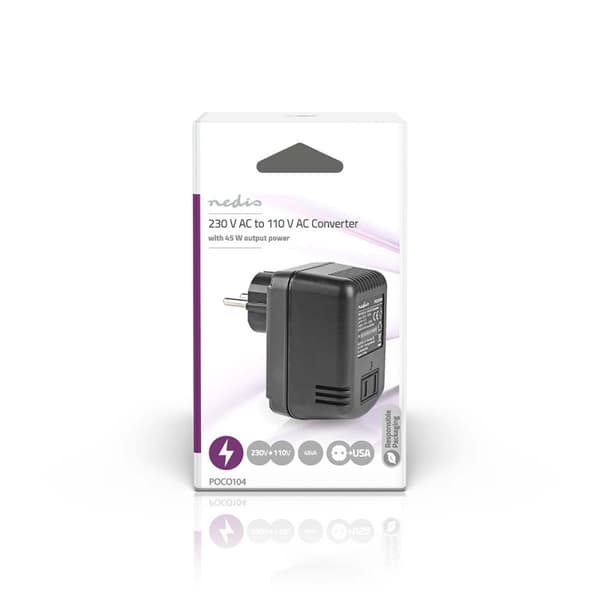 Strøm Converter | Nettstrøm drevet | 230 V AC 50 Hz | 45 W | Jordet kontakt | Sort