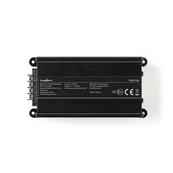 Tehonmuunnin | Autokäyttöinen | 24 V DC | 12 V DC | 240 W | Ruuviterminaali | Varustettu sulakkeella | Musta