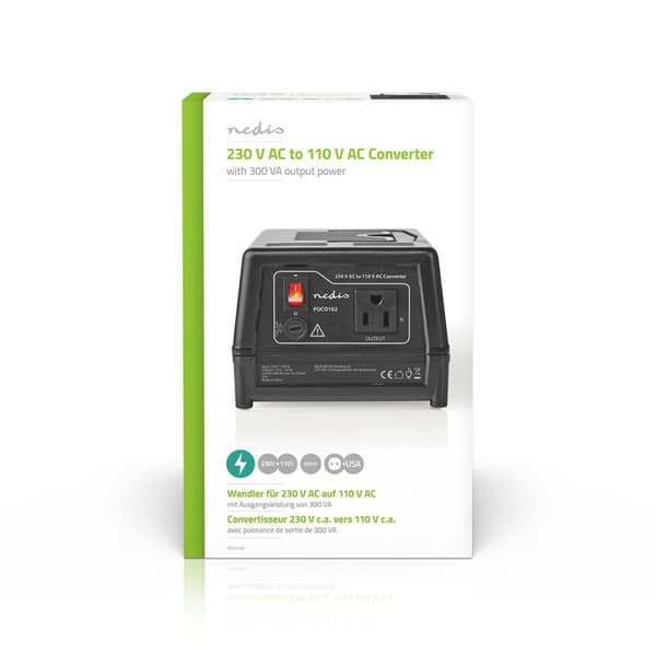 Strøm Converter | Nettstrøm drevet | 230 V AC 50 Hz | 300 W | Jordet kontakt | Sort