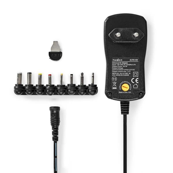 Universal AC strømadapter | 18 W | 3 - 12 V DC | 1.10 m | 1.5 A | 8 plug(s) | Sort