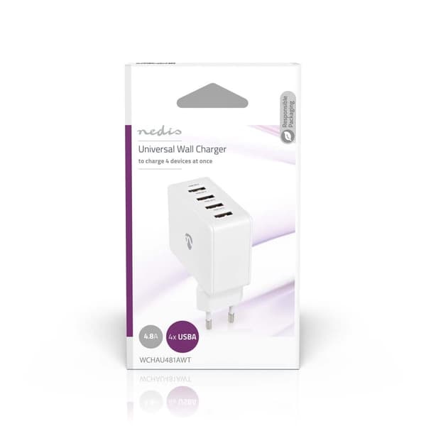 Vægoplader | 24 W | Hurtigopladningsfunktion | 4x 2.4 A | Antal output: 4 | 4x USB-A | Uden Kabel | Single Voltage Output