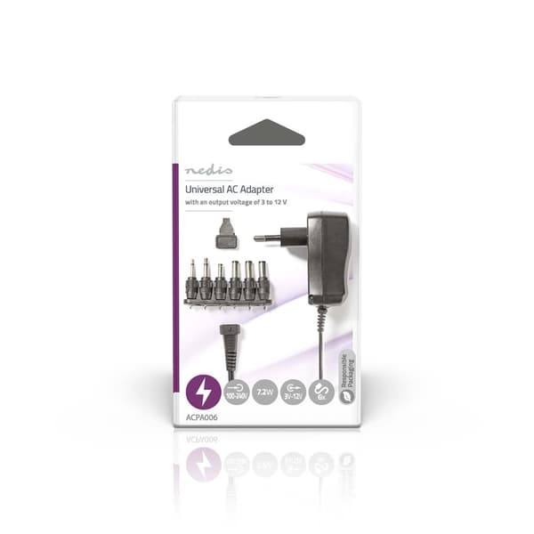 Universal AC strømadapter | 7.2 W | 3 - 12 V DC | 1.80 m | 1.0 A A | 6 plug(s) | Sort