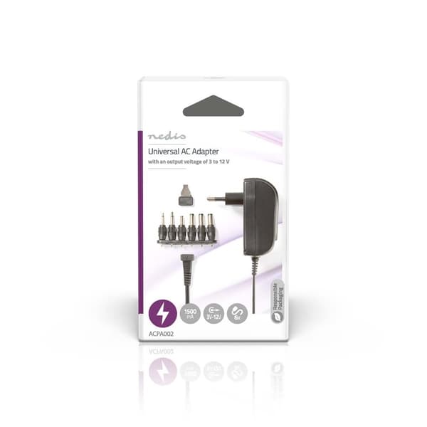 Universal AC strømadapter | 18 W | 3 - 12 V DC | 1.80 m | 2.1 A | 6 plug(s) | Sort