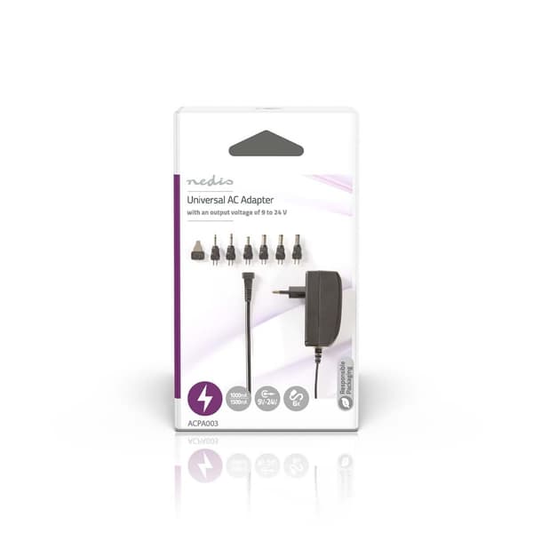 Universal nätadapter | 24 W | 9 - 24 V DC | 1.80 m | 1.0 A - 1.5 A A | 6 plug(s) | Svart