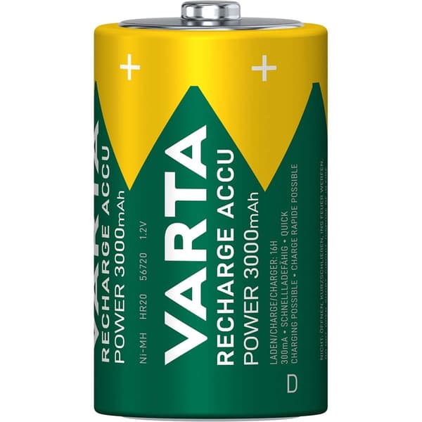 Genopladelige Ni-MH batteri D | 1.2 V DC | 3000 mAh | Forudladet | 2-Blister | HR20 | Grøn / Gul