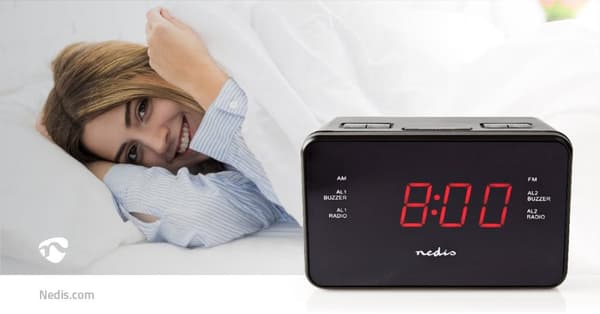 Digital klockradio | LED Display | 1x 3.5 mm Audio Input | Tidsprojektion | AM / FM | Snooze-funktion | Sov timer | Antal alarm: 2 | Svart