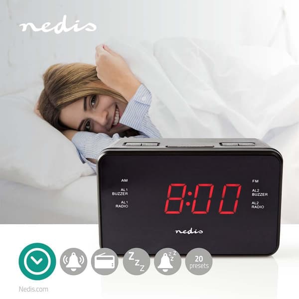 Digital klockradio | LED Display | 1x 3.5 mm Audio Input | Tidsprojektion | AM / FM | Snooze-funktion | Sov timer | Antal alarm: 2 | Svart