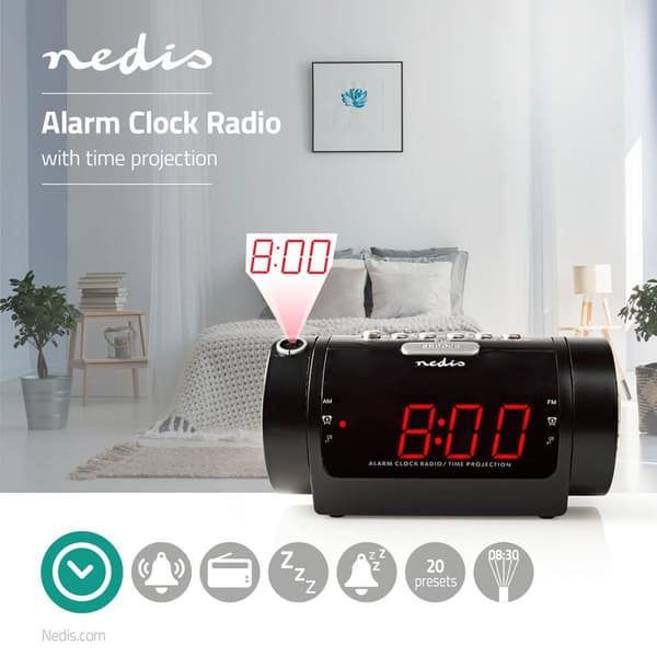 Digitaalinen Kelloradio | LED-Näyttö | Ajan heijastus | AM / FM | Torkkutoiminto | Uniajastus | Hälytysten lukumäärä: 2 | Musta