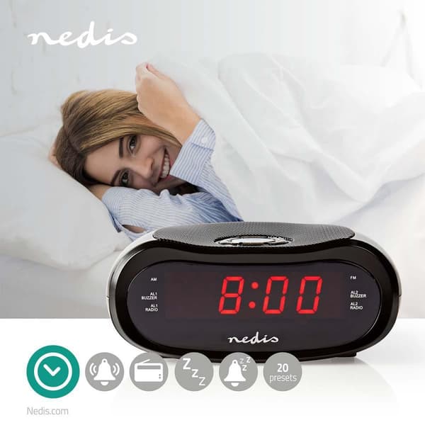 Digital klockradio | LED Display | Tidsprojektion | AM / FM | Snooze-funktion | Sov timer | Antal alarm: 2 | Svart