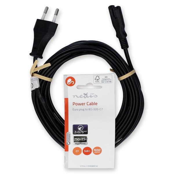 Sähköjohto | Euro Uros | IEC-320-C7 | Suora | Suora | Niklattu | 5.00 m | Litteä | PVC | Musta | Label