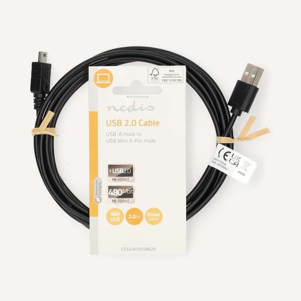 USB-kabel | USB 2.0 | USB-A Hane | Mini 5-Pin Hane | 480 Mbps | Nickelplaterad | 2.00 m | Rund | PVC | Svart | Label