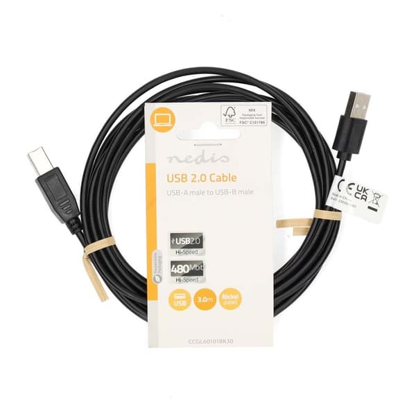 USB-kabel | USB 2.0 | USB-A Han | USB-B Han | 480 Mbps | Nikkel belagt | 3.00 m | Rund | PVC | Sort | Label