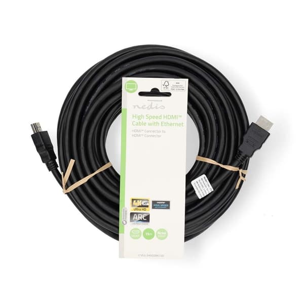 High Speed HDMI ™ kabel med Ethernet | HDMI™ Stik | HDMI™ Stik | 4K@30Hz | ARC | 10.2 Gbps | 15.0 m | Runde | PVC | Sort | Label