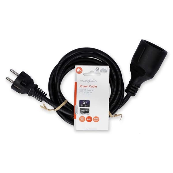 Strömkabel | Strömkontakt Hane | Strömkontakt Hona | Rak | Rak | Nickelplaterad | 2.00 m | Rund | PVC | Svart | Label